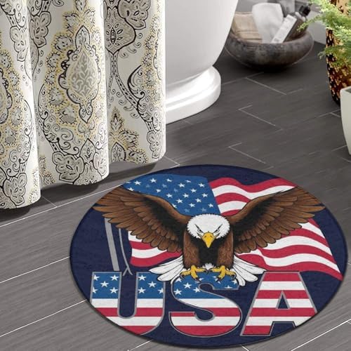 Large Machine Washable Circular Rugs, Home Decor Round Mat for Living Room Sofa Office Patriotic American Eagle Flag