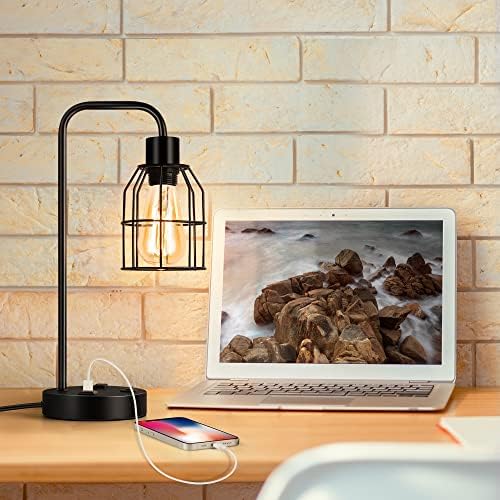 BTY Bedside Lamps Set of 2 Industrial Table Lamp with Dual USB Charging Ports and 2 Prong AC Outlet Farmhouse Nightstand Desk Lamps Edison Lamp with Metal Wire Cage for Bedroom Living Room