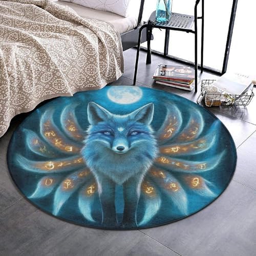Machine Washable Modern Round Area Rug, Room Sofa Yoga Soft Round Carpet, Home Decor Non Slip Kitchen Office Circle Rug Magical Nine Tailed Fox Art, 24inch