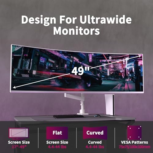 Single Monitor Arm for 17-49 Inch Ultrawide Screens, Single Monitor Mount Heavy Duty up to 44lbs, Adjustable Vertical Stacked Full Motion Single Monitor Arm Desk Mount, 75/100mm VESA Mount, White