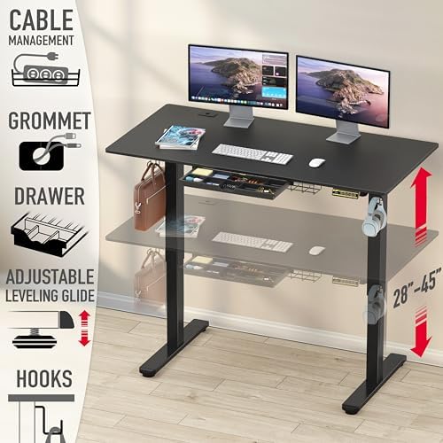 SHW 55 x 28 Electric Height Adjustable Standing Desk w/Drawer, Black