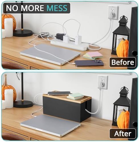 Bivvclaz Cable Management Box Medium, Wooden Cord Organizer Box for Desk, Floor, Office to Hide Extension Cords Power Stripes Surge Protectors Chargers Wires, Black