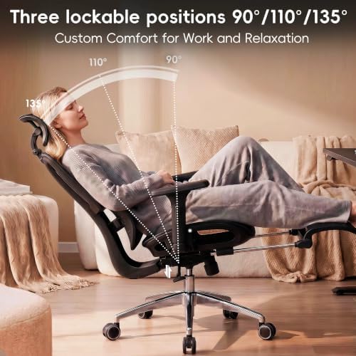 Vonesse Ergonomic Office Chair with Footrest, Desk Chairs with Dynamic Lumbar Support & Adjustable Depth Breathable Mesh Seat, Computer Gaming Chair with Adjustable 3D Headrest and Armrests (Black)