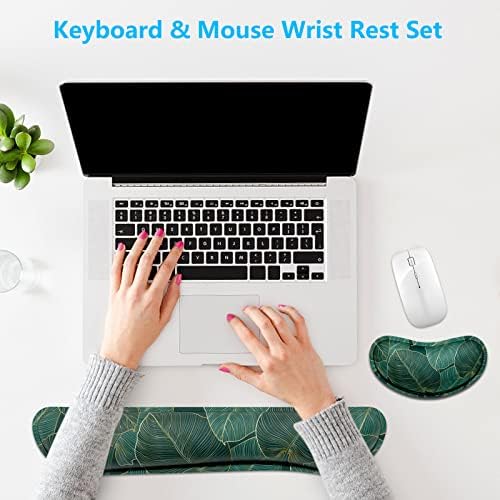 Dapesuom Enlarge Keyboard Wrist Rest, Memory Foam Wrist Cushion for Desk Mats Support, Cute Pain Relief Keyboard Mouse Pad Rests Set with Non-Slip Base for Gaming Laptop Office Computer, Green Leaf