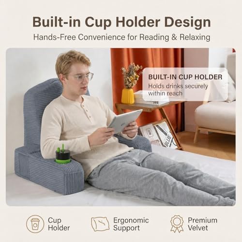 Reading Pillow for Adults, Back Pillow for Bed Sitting Up, Backrest Pillow for Sitting in Bed, Detachable Arms with Built-in Cup & Phone Caddy (Dark Gray-Corduroy, 19 INCH)