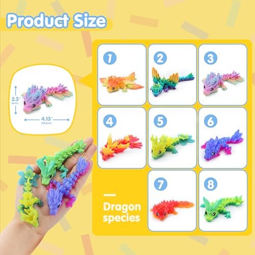 JOYIN 8 Pcs 3D Printed Dragon, 4.4" Colorful Flexible Articulated Dragon Fidget Toys for Party Favors, Classroom Prizes, Goodie Bag Fillers, Autism Stress Relief for Kids & Adults Birthday Gifts