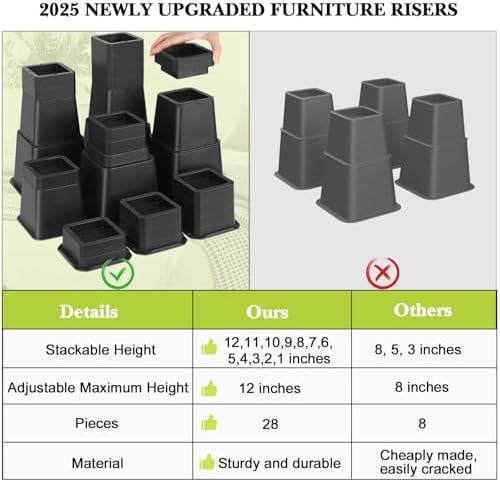 28 PCS Bed Risers 12 Inch Heavy Duty, Adjustable Furniture Risers up to 12 Inch Lift 12 Heights Options 1, 2, 3, 4, 5, 6, 7, 8, 9, 10, 11, 12 Inch for Couch, Sofa, Table Bed Frame Legs Dorm, Black