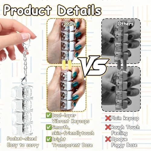 2 PCS Keyboard Fidget Toy, Double Layer Keycap Keyboard Fidget Keychain 4-in-1 Keyboard Decompression Button Finger Clicker Toys, Portable Tactile Button Sensory Fidget Toys Stress Relief Gifts（White）