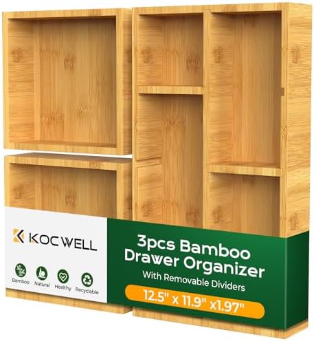 KOCWELL Bamboo Desk Drawer Organizer with Removable Dividers,Multi-Use Office Drawer Organizer Tray,Junk Drawer Organizers for Office,School,Kitchen,Makeup Supply（Original）