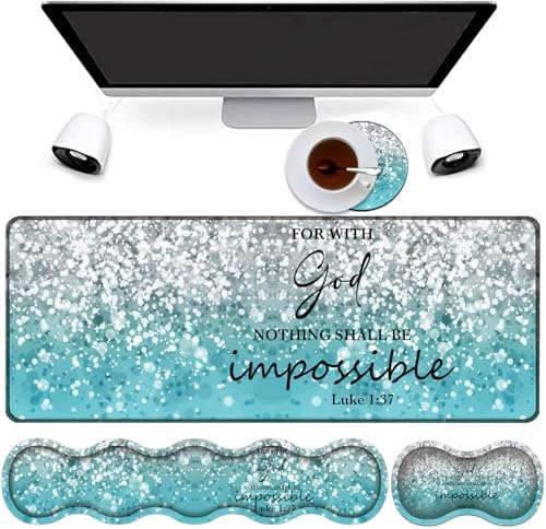 4 in 1 Mouse Pad Combo, Large Gaming Mouse Pad + Keyboard Wrist Support + Mouse Wrist Rest + Coaster, Table Pad 31.5 "x 11.8" with Memory Foam Ergonomic Wrist Pad Set, Blue Flash Bible Pattern