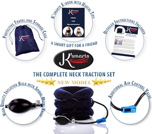 Pinched Nerve Neck Stretcher Cervical Traction Device for Home Pain Treatment | Inflatable Spinal Decompression Collar Unit Muscle Strain Injury Relief | Herniated Disc Problems Remedy Kit (Blue)