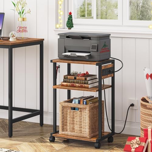 HOOBRO Industrial Printer Stand with Charging Station, 3-Tier Printer Table, Rolling Printer Cart with Adjustable Shelf and Hook, Rustic Brown and Black BF28UPS01