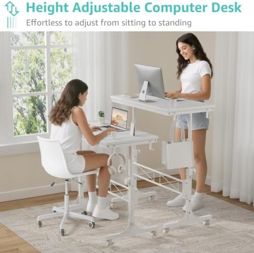 WINAZ Rolling Standing Desk with Wheels, 32" Adjustable Height Small Portable Teacher Desk for Classroom, Mobile Treadmill Walking Pad Table for Laptop, Compact White Home Office Workstation