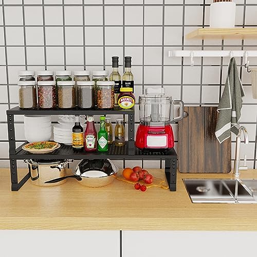 Jojocross Expandable Adjustable Stackable Kitchen Organizer, Spice Rack,Metal Pantry Storage Shelves Racks,Counter Shelf for Cabinets, Countertop, Cupboard (3 Packs/Medium/Black)