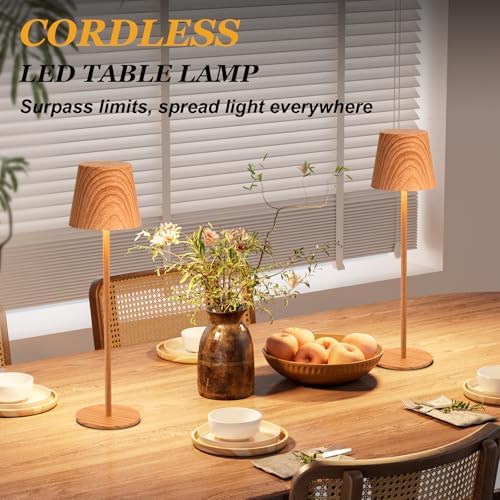 Kakanuo Wood Grain Cordless Table Lamp Rechargeable - 2 Pack 5000mAH Battery Operated Lamp for Counter, 3 Color Stepless Dimming Wireless Lamp for Dining Kitchen, Outdoor Patio, Touch Control