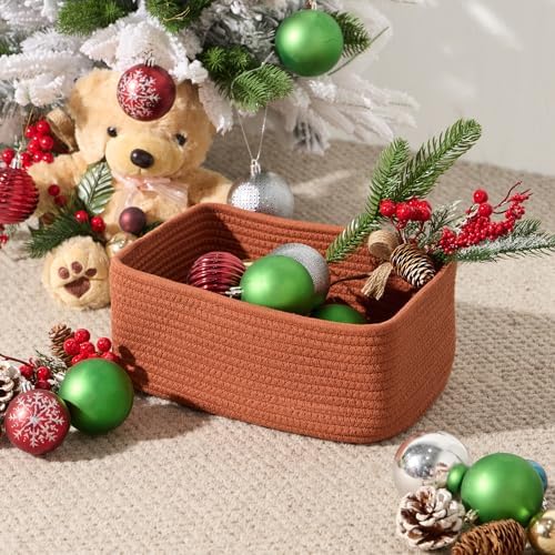 MiniArk Small Storage Baskets for Organizing | Closet Organizer Bins | Shelf Toy Basket | Woven Rope Baskets | Cube Decorative Box | Shallow Basket | 11.5x7.5x4.7” | 4 Packs Oxide Red