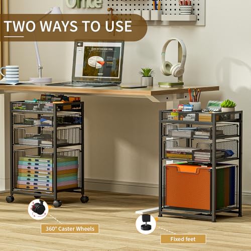 Rolling File Cart with 3 Storage Drawers, Under Desk Filing Cabinet with DIY Divider, Hanging File Folder Organizer on Wheels, Fits A4/Letter Size, Metal Utility Cart for Home Office, Black