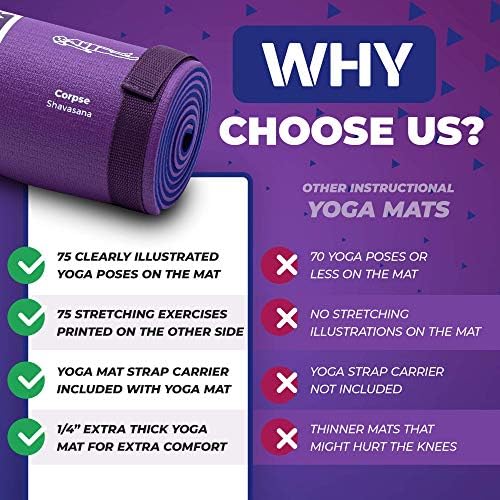 Instructional Yoga Mat with Carrying Strap: Cute Yoga Mat with 75 Illustrated Yoga Poses + 75 Easily-Followed Stretching Exercises - 1/4” Thick, Non-Toxic, Non-Slip Yoga Mats for Women and Men