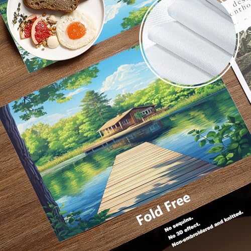 Batmerry Retreat Wooden Structure Linen Placemats Set of 4, Forest Setting Water Body Washable Table Mats for Kitchen Table Thickened Heat Insulation Dining Set Indoor Outdoor 12X18 in