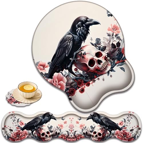 Keyboard Wrist Rest and Mouse Pad Wrist Support with Lace-Shaped Coaster Set, Ergonomic Gel Memory Foam and Anti-Slip Base, Easy Typing and Pain Relief - Rose Skeleton