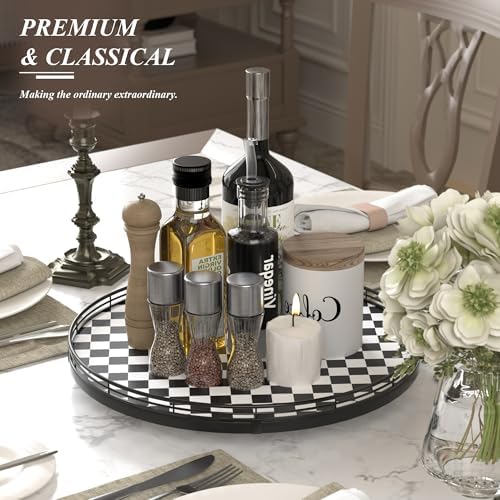 AMH 16-Inch Black and White Checkerboard Lazy Susan Decorative Tray