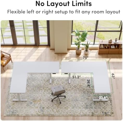 FEZIBO 75" x 63" L-Shaped Standing Desk - Adjustable Corner Desk L Shape, L-Shaped Adjustable Desk with Splice Board, L Shape Standing Desk, White