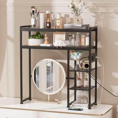 Aetheris Desktop Organizer Shelf, 30" Wooden Office Storage Rack with Outlets, Display Shelf Rack with Light Strip, 5 Tier Desktop Display Rac, Desk Shelf, Desk Hutch for Computer Monitor (Black)