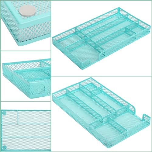 Annova Desk Drawer Organizer Tray for Office Organization - Metal Mesh - Storage Tray with Dividers for Pens, Desktop Accessories, Bathroom, Kitchen, Makeup and Office Supplies (Small, Turquoise)