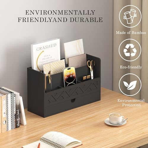 Wisuce Bamboo Mail Organizer with Drawer, Countertop Desk Organizer(Black)
