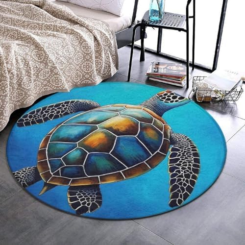 Large Home Decor Mat, Soft Round Yoga Carpet, Non Slip Machine Washable Kitchen Office Circle Rug Sea Turtle