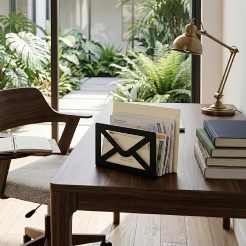 MyGift Black Metal Desktop Mail Organizer Letter Holder Envelope Design