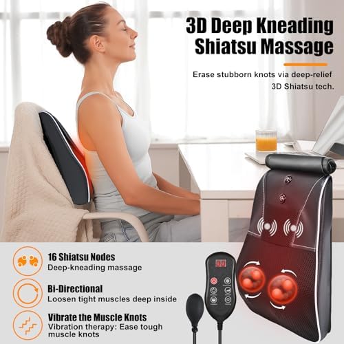 Shiatsu Neck and Back Massager with Heat,Neck Massager for Pain Relief deep Tissue,3D Kneading Massage Pillow for Back,Shoulder,Leg,Gifts for Mom,Dad,Women (Black)