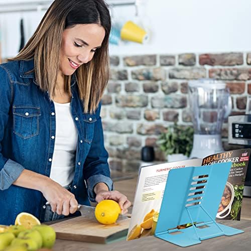 Honagu Metal Desk Book Holder, Hands Free Adjustable Cookbook & Document Holder, Portable Bookstand for Music Books, Textbooks, Recipes, Tablets & iPads (Sky Blue)
