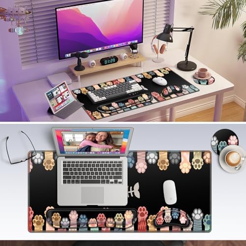 Canjoy Desk Mat with Wrist Rest, Anime Cat Paws Keyboard and Mouse Pad