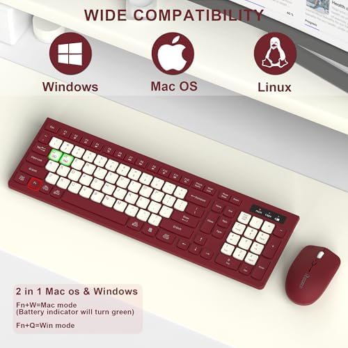 Wireless Keyboard and Mouse Combo Silent for Office and Home(Wine Red-B)