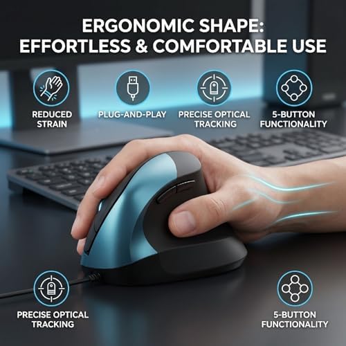 Sanpyl Vertical Mouse, Ergonomic USB Wired Mouse for PC Laptop Computer Working Gaming, with 5 Buttons Optical Tracking
