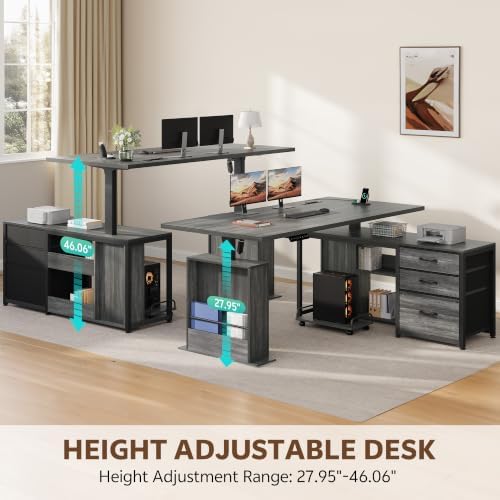 63'' L Shaped Desk with 3 Drawers Electric Standing Desks Grey