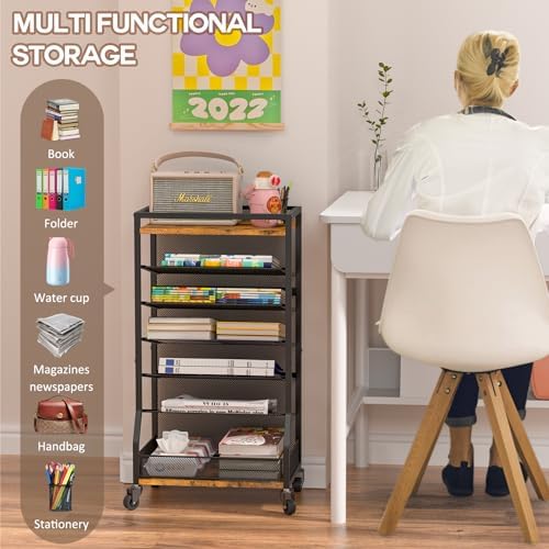 ThreeHio 7 Tier Rolling File Cart with Sliding Trays, Wood Metal File Organizer Beside Desk, Free-Standing File Holder, Paper Letter Tray Organizer Mesh Desk Organizer for Home Office School (Patent)