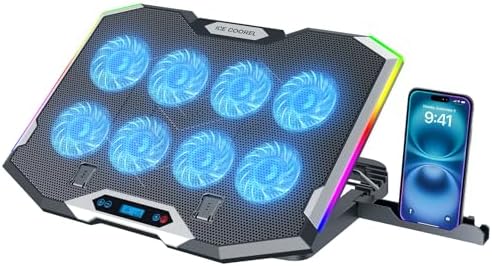 ICE COOREL Gaming Laptop Cooling Pad with 8 Cooling Fans, Laptop Fan Cooler Pad for 15-17.3 Inch, Notebook Cooler Stand with 6 Height Adjustable, RGB Cooling Pad with Two USB Port + Phone Stand