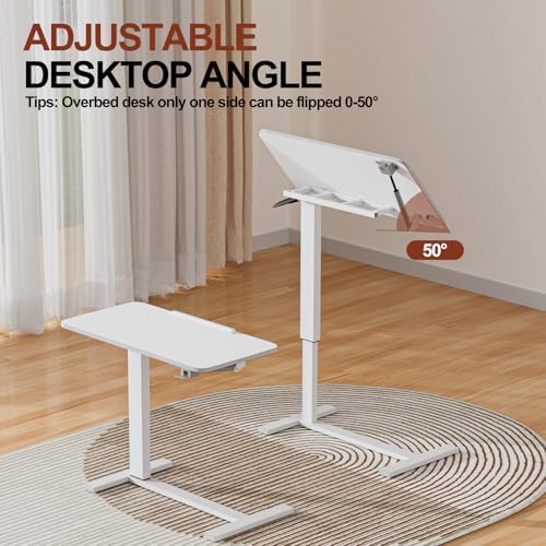 32" 0-50° Tiltable Pneumatic Adjustable Overbed Table with Wheels