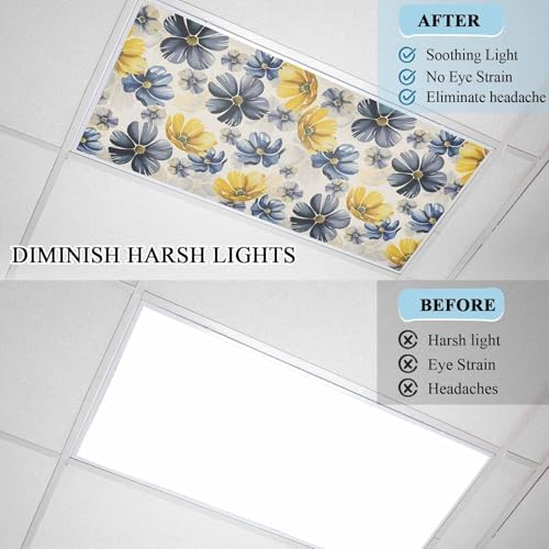 Retro Beige Yellow Flower Magnetic Fluorescent Light Covers for Ceiling Lights 2 x 4 Feet,Ombre Blue Green Blossom Floral Office Classroom Kitchen Drop Ceiling Light Covers Filters Shade Panel 4 Packs