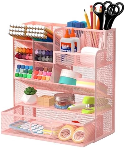Mesh Pen Organizer for Desk, 13 Compartments with Drawer, Pink