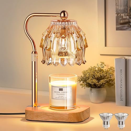 Candle Warmer Lamp with Timer Dimmer, Modern Wax Warmer for Scented Wax Jar Candle Warmer with 2 Bulbs, Adjustable Height Glass Lamp for Gifts for Women, Home Decor, Gold Amber