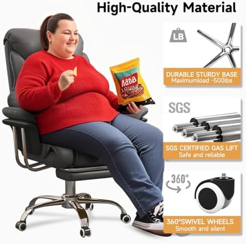 Big and Tall Office Chair 550 lbs Extra Wide Leather Executive Chair with Retractable Footrest, Heavy-Duty Ergonomic Chair, Adjustable Height Computer Gaming Chairs