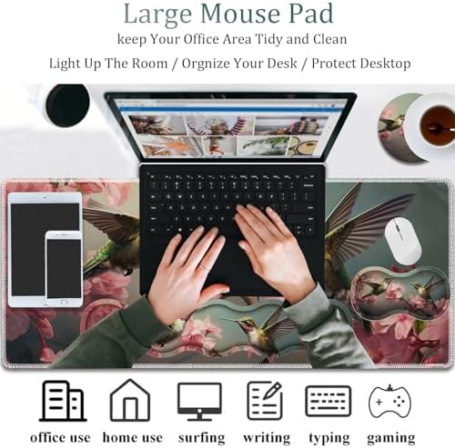 4 in 1 Mouse Pad Combo, Large Gaming Mouse Pad + Keyboard Wrist Support + Mouse Wrist Rest + Coaster, Table Pad 31.5 "x 11.8" with Memory Foam Ergonomic Wrist Pad Set, Hummingbird Flowers