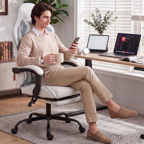 Dowinx Gaming Chair with Footrest, Ergonomic Office Chair, White Blue