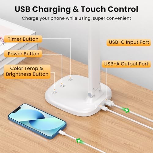 Desk Lamp with Charger, 10%-100% Stepless Dimmable & 5 Color Modes Study Lamp, Touch Control, 30-/60-minute Timer, USB Charging Output Port, CRI≥90, Eye-Caring Foldable LED Desk Lamps for Home Office