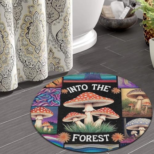 Large Home Decor Mat, Soft Round Yoga Carpet, Non Slip Machine Washable Kitchen Office Circle Rug Trippy Mushroom