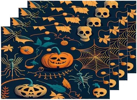 Shrahala Halloween Angry Face Pumpkins Set Of 4 12 X 18 Inch Linen Placemats , Skeletons Spiders Burlap Table Mat Washable Double Layered Heat Insulation For Indoor/Outdoor