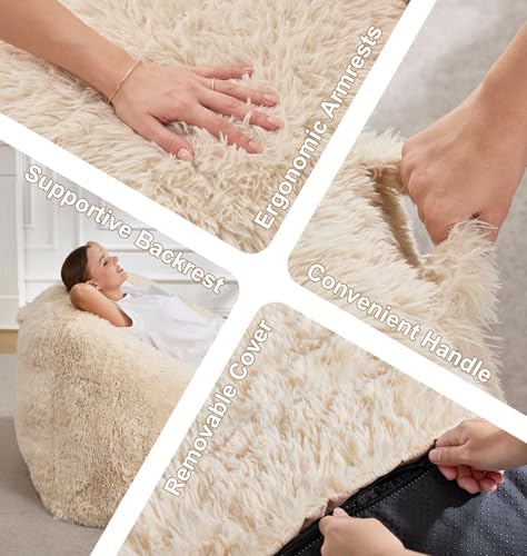 Hobestluk Bean Bag Chair Plush Accent Chair Armrest Living Room Adult Beige